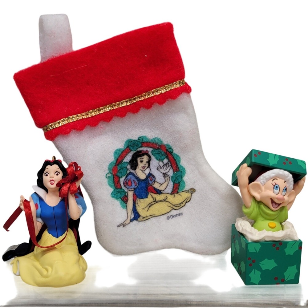 Lot of 3 Disney Snow White Seven Dwarfs Enchantment Hallmark Ornament Stocking